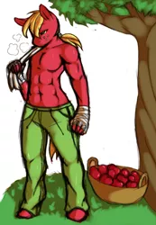 Size: 1280x1849 | Tagged: anthro, apple, artist:avante92, bare chest, basket, big macintosh, breath, clothes, dead source, derpibooru import, food, hand wraps, pants, ponytail, safe, solo, sweat, topless, tree, unguligrade anthro
