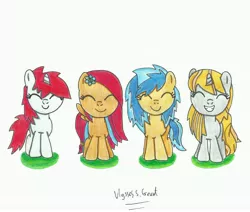 Size: 5015x4250 | Tagged: safe, artist:ulyssesgrant, derpibooru import, oc, oc:blueberry blitz, oc:ion, oc:joanie, oc:mendheart, unofficial characters only, pegasus, pony, unicorn, absurd resolution, filly, grin, happy, smiling, traditional art