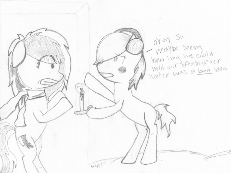 Size: 1463x1098 | Tagged: safe, artist:serendipityducky, derpibooru import, oc, oc:blueberry blitz, oc:ducky, unofficial characters only, earth pony, pegasus, pony, candle, clothes, grayscale, monochrome, scarf, sketch, traditional art