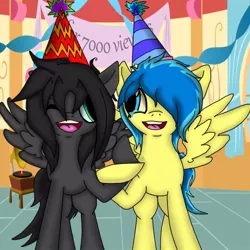 Size: 708x708 | Tagged: safe, artist:theumbreondude, derpibooru import, oc, oc:blueberry blitz, oc:manga-me, unofficial characters only, pegasus, pony, happy, hat, party hat