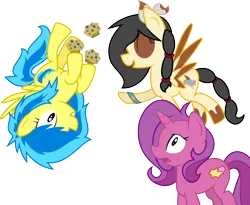 Size: 3904x3200 | Tagged: safe, artist:blueblitzie, derpibooru import, oc, oc:blueberry blitz, oc:jinx, oc:spirit storm, unofficial characters only, pegasus, pony, unicorn, muffin, simple background, transparent background