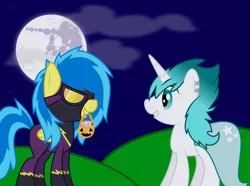 Size: 4297x3200 | Tagged: safe, artist:blueblitzie, derpibooru import, oc, oc:snowbeat, unofficial characters only, pegasus, pony, unicorn, bucket, clothes, costume, mare in the moon, moon, mouth hold, night, nightmare night, pumpkin bucket, shadowbolts, shadowbolts costume, trick or treat