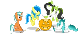 Size: 6243x3000 | Tagged: safe, artist:blueblitzie, derpibooru import, oc, oc:blueberry blitz, oc:masacre manslaughter, oc:snowbeat, oc:stormberry, unofficial characters only, pegasus, pony, unicorn, carving, jack-o-lantern, pumpkin, simple background