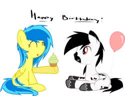 Size: 4805x3682 | Tagged: safe, artist:blueblitzie, derpibooru import, oc, oc:black shadows, oc:blueberry blitz, unofficial characters only, pegasus, pony, balloon, birthday, cupcake, happy birthday, treat