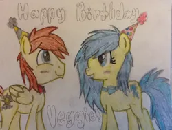 Size: 960x720 | Tagged: safe, artist:blueblitzie, derpibooru import, oc, oc:blueberry blitz, oc:vento, unofficial characters only, pegasus, pony, birthday, happy birthday, hat, party hat, traditional art