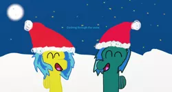 Size: 1366x738 | Tagged: safe, artist:hickoryblue, derpibooru import, oc, oc:blueberry blitz, unofficial characters only, pegasus, pony, carol, caroling, christmas carol, hat, moon, night, santa hat, singing, snow