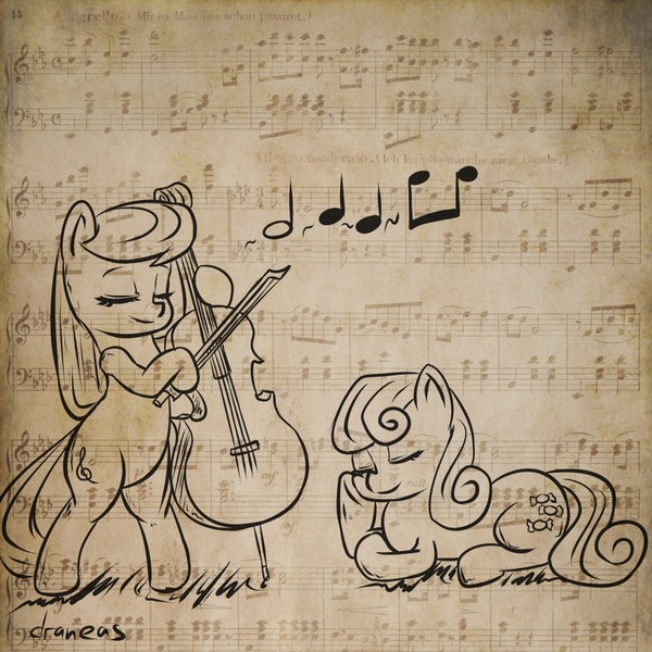 Size: 900x900 | Tagged: 30 minute art challenge, artist:draneas, bon bon, bontavia, cello, music, musical instrument, music notes, octavia melody, playing, safe, sheet music, sweetie drops