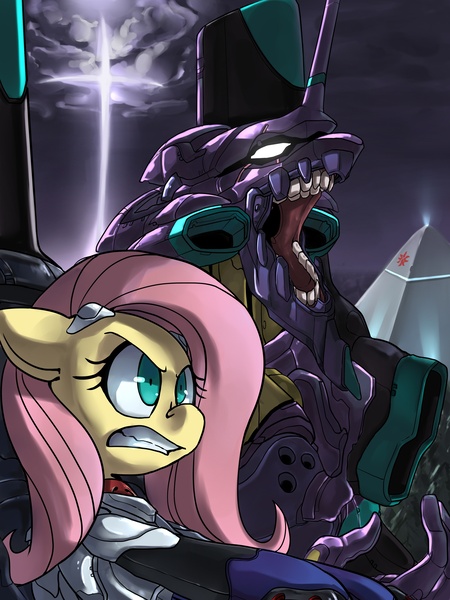 Size: 2700x3600 | Tagged: artist:uc77, badass, crossover, eva-01, flutterbadass, fluttershy, mecha, neon genesis evangelion, safe