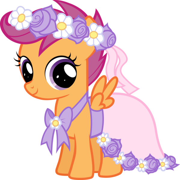 Size: 6000x6010 | Tagged: absurd resolution, a canterlot wedding, artist:saveman71, bridesmaid dress, clothes, dead source, derpibooru import, dress, floral head wreath, flower, flower girl, safe, scootaloo, simple background, solo, transparent background, vector