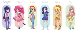 Size: 1280x526 | Tagged: adonis belt, applejack, artist:moemai, bandana, clothes, converse, derpibooru import, dress, fluttershy, gloves, high heel boots, humanized, line-up, mane six, midriff, pinkie pie, quill, rainbow dash, rarity, safe, shoes, skirt, sweater vest, tube top, twilight sparkle, winged shoes