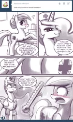 Size: 500x827 | Tagged: suggestive, artist:johnjoseco, derpibooru import, nurse redheart, princess celestia, alicorn, earth pony, pony, ask princess molestia, princess molestia, blushing, clothes, comic, female, implied anal insertion, implied insertion, lesbian, mare, partial color, plot, rectal thermometer, scared, shrunken pupils, sweat