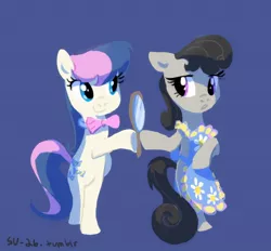 Size: 600x556 | Tagged: safe, artist:tomatocoup, derpibooru import, bon bon, octavia melody, sweetie drops, pony, 30 minute art challenge, alternate hairstyle, apron, bipedal, bowtie, clothes, mirror, role reversal