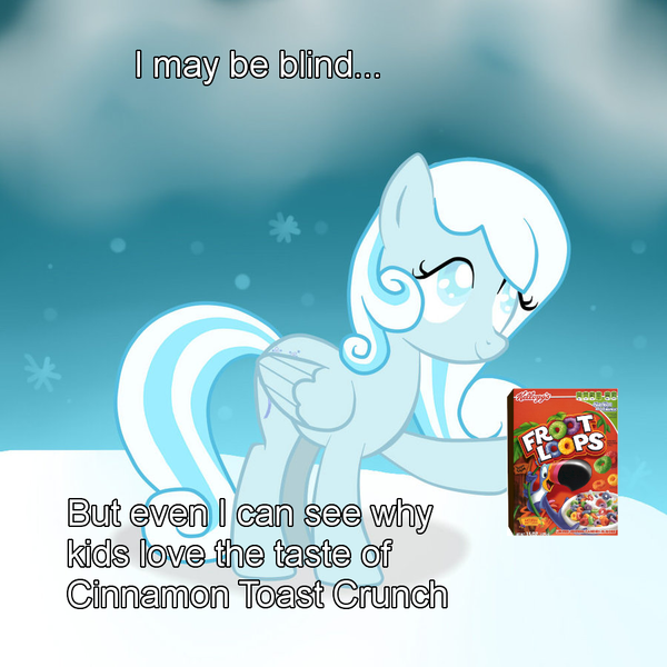 Size: 900x900 | Tagged: safe, artist:sweet-melody-as, derpibooru import, oc, oc:snowdrop, unofficial characters only, pegasus, pony, blind, blind joke, caption, cereal, cinnamon toast crunch, froot loops, meme, smiling, snow, snowfall, snowflake, solo, we are going to hell