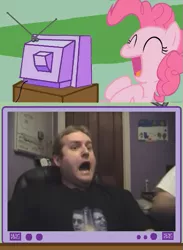 Size: 439x600 | Tagged: safe, derpibooru import, pinkie pie, human, pony, exploitable meme, laughing, mack, mack and mesh, meme, mesh, scared, tv meme