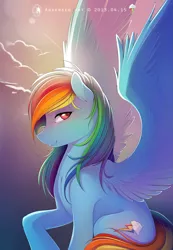 Size: 2125x3070 | Tagged: dead source, safe, artist:antiander, derpibooru import, part of a set, rainbow dash, pegasus, pony, beautiful, blushing, cloud, colored hooves, female, large wings, looking at you, mare, profile, sitting, solo, spread wings, wings