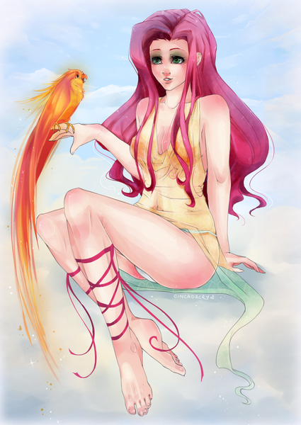 Size: 850x1200 | Tagged: artist:cindacry, barefoot, breasts, clothes, cute, derpibooru import, feet, fluttershy, human, humanized, panties, philomena, phoenix, sexy, solo, suggestive, underwear, white underwear