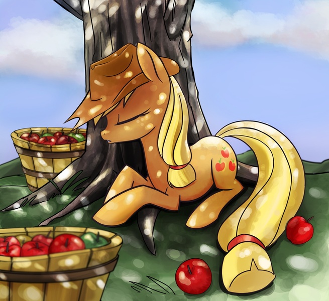 Size: 1900x1740 | Tagged: safe, artist:geminas0wng, derpibooru import, applejack, earth pony, pony, apple, bucket, cute, dappled sunlight, eyes closed, female, jackabetes, mare, profile, prone, sleeping, tree