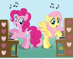 Size: 1008x810 | Tagged: artist:kturtle, derpibooru import, duet, fluttershy, piano, pinkie pie, safe, voice actor joke