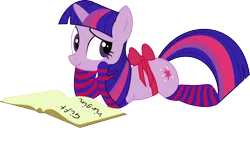 Size: 2738x1655 | Tagged: suggestive, artist:leopurofriki, derpibooru import, twilight sparkle, book, bow, clothes, present, simple background, socks, solo, striped socks, transparent background