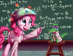 Size: 1800x1391 | Tagged: artist:esuka, chalkboard, clothes, gummy, hat, lab coat, math, pinkie pie, safe, science