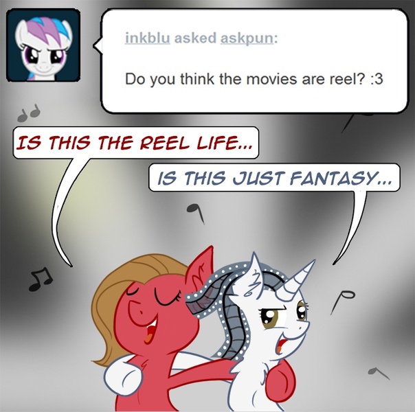 Size: 805x800 | Tagged: safe, artist:cerko, derpibooru import, oc, oc:movie slate, oc:pun, unofficial characters only, pony, ask pun, ask, bohemian rhapsody, duet, female, mare, pun, queen (band), singing, song reference, tumblr