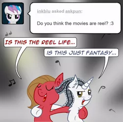 Size: 805x800 | Tagged: safe, artist:cerko, derpibooru import, oc, oc:movie slate, oc:pun, unofficial characters only, pony, ask pun, ask, bohemian rhapsody, duet, female, mare, pun, queen (band), singing, song reference, tumblr