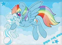 Size: 1914x1400 | Tagged: safe, artist:starlightlore, derpibooru import, rainbow dash, snowdash, oc, oc:snowdrop, pegasus, pony, cloud, cloudy, cute, eye contact, floppy ears, flying, flying lesson, heart eyes, holding a pony, open mouth, rainbowdrop, shipping, smiling, snowbetes, spread wings, starry eyes, time paradox, wingding eyes