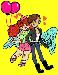 Size: 500x640 | Tagged: safe, artist:hotsauceonpizza, derpibooru import, pinkie pie, rainbow dash, balloon, chubby, female, heart, humanized, lesbian, natural hair color, pinkiedash, punk, redhead, shipping, winged humanization