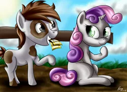 Size: 2200x1600 | Tagged: safe, artist:sycoartworks, derpibooru import, pipsqueak, sweetie belle, pony, charlie and the chocolate factory, female, gala tickets, looking back, male, mouth hold, shipping, straight, sweetiesqueak, willy wonka and the chocolate factory