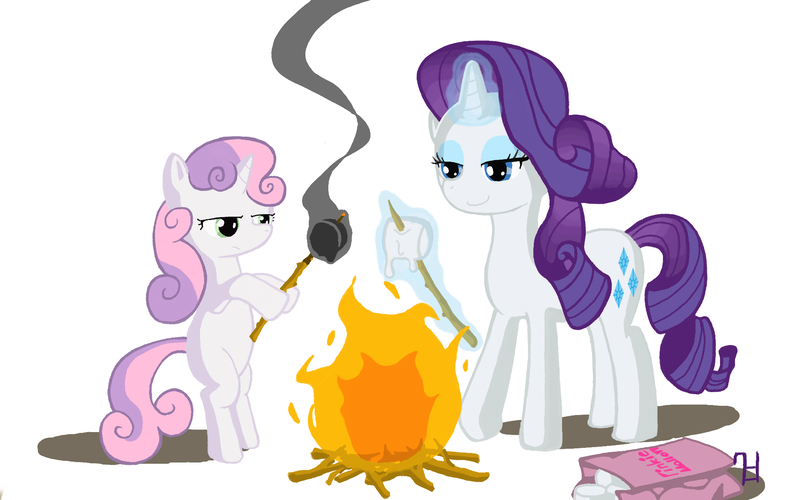 Size: 1920x1200 | Tagged: safe, artist:7doran, derpibooru import, rarity, sweetie belle, pony, bipedal, campfire, cannibalism, fire, marshmallow, murder, rarity is a marshmallow, rarity using marshmallows, roasting, sweetie belle is a marshmallow too, sweetie belle using marshmallows, sweetie fail