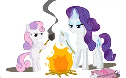 Size: 1920x1200 | Tagged: safe, artist:7doran, derpibooru import, rarity, sweetie belle, pony, bipedal, campfire, cannibalism, fire, marshmallow, murder, rarity is a marshmallow, rarity using marshmallows, roasting, sweetie belle is a marshmallow too, sweetie belle using marshmallows, sweetie fail