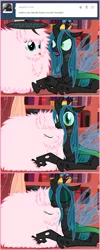 Size: 660x1645 | Tagged: artist:mixermike622, ask, changeling, changeling queen, comic, cuddling, cute, cutealis, derpibooru import, duo, duo female, eyes closed, female, flufflebetes, fluffy, frown, glare, hug, oc, oc:fluffle puff, :p, prone, queen chrysalis, safe, smiling, snuggling, tumblr, tumblr:ask fluffle puff, wide eyes