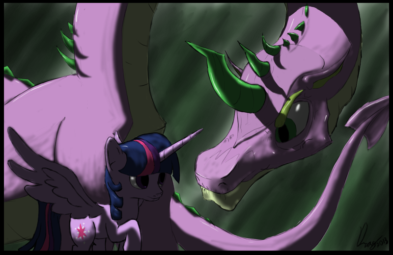 Size: 1080x702 | Tagged: safe, artist:dragmodnotloc, derpibooru import, spike, twilight sparkle, twilight sparkle (alicorn), alicorn, dragon, pony, adult spike, duo, female, green background, male, mare, older, older spike, simple background, spikezilla