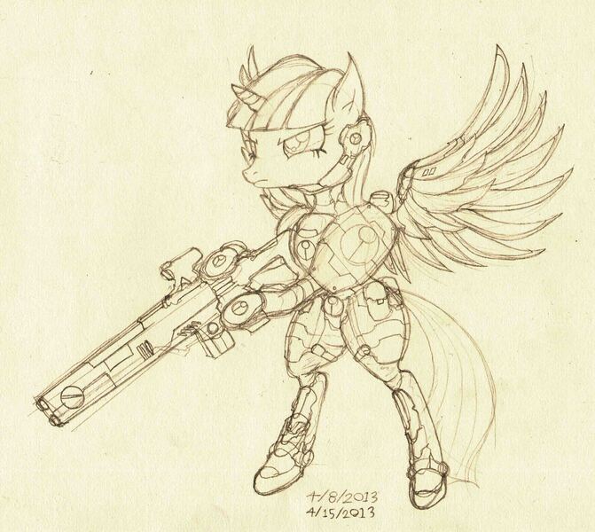 Size: 2724x2436 | Tagged: safe, artist:great-5, derpibooru import, twilight sparkle, twilight sparkle (alicorn), alicorn, pony, tau, bipedal, crossover, female, fire warrior, frown, glare, gun, hoof hold, mare, pencil drawing, ponies with guns, pulse rifle, rifle, sketch, spread wings, tau empire, taulight sparkle, traditional art, warhammer (game), warhammer 40k, weapon, wip