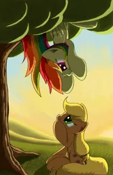 Size: 1100x1700 | Tagged: applejack, artist:grennadder, rainbow dash, safe, stuck, sunset, tree, upside down