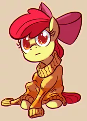 Size: 966x1346 | Tagged: safe, artist:derkrazykraut, artist:rustydooks, derpibooru import, apple bloom, earth pony, pony, clothes, female, filly, oversized clothes, solo, sweater