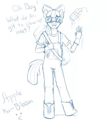 Size: 900x1013 | Tagged: anthro, apple bloom, artist:devious-stylus, bomb, derpibooru import, explosion, fanfic, mercenary, monochrome, open mouth, overalls, safe, smiling, solo, tnt