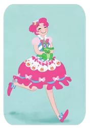 Size: 905x1280 | Tagged: artist:artbydana, carrying, clothes, derpibooru import, dress, gala dress, gummy, humanized, pet, pinkie pie, safe, skinny