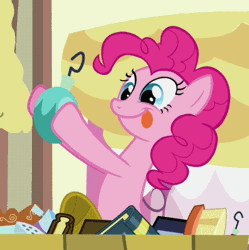 Size: 427x428 | Tagged: safe, derpibooru import, screencap, pinkie pie, a friend in deed, animated, bauble, cropped, hoof hold, shaking, solo, tongue out