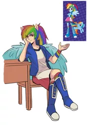 Size: 800x1131 | Tagged: safe, artist:gomigomipomi, derpibooru import, rainbow dash, human, equestria girls, eared humanization, humanized, ponied up, sitting, solo, winged humanization