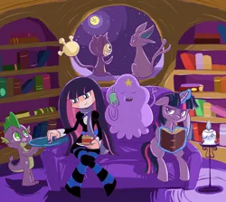 Size: 1400x1250 | Tagged: adventure time, aipom, anarchy stocking, artist:luna77899, book, candle, couch, crossover, derpibooru import, espeon, golden oaks library, litwick, lumpy space princess, magic, mobile phone, moon, panty and stocking with garterbelt, phone, pokémon, purple, safe, spike, telekinesis, twilight sparkle