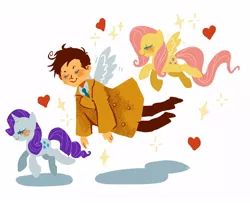 Size: 1000x812 | Tagged: artist:lettiebobettie, castiel, crossover, derpibooru import, fluttershy, flying, rarity, safe, supernatural