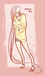 Size: 473x787 | Tagged: alternate hairstyle, artist:creampuffpuff, blushing, clothes, derpibooru import, fluttershy, humanized, safe, shorts, skinny, sweater, sweatershy, tanktop