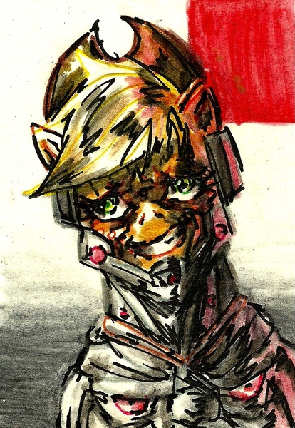 Size: 839x1216 | Tagged: appleborg, applejack, artist:ponetron, crossover, cyborg, derpibooru import, konami, metal gear, safe, style emulation, sundowner, traditional art, trollface, yoji shinkawa