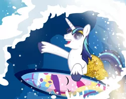 Size: 900x704 | Tagged: artist:pixelkitties, clothes, derpibooru import, princess cadance, safe, shining armor, shorts, sunglasses, surfboard, surfing, swimsuit, topless, water, wave