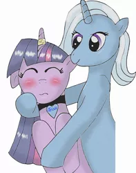 Size: 2473x3131 | Tagged: artist:rayodragon, blushing, collar, derpibooru import, ear bite, female, horn ring, lesbian, magic suppression, shipping, suggestive, trixie, twilight sparkle, twixie