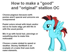 Size: 881x660 | Tagged: safe, derpibooru import, oc, unofficial characters only, pegasus, pony, pony creator, donut steel, edgy, eyebrow piercing, facial hair, goatee, how to, instructions, male, piercing, satire, stallion, stormy swiftbolt, text, tutorial, unshorn fetlocks