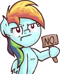 Size: 427x526 | Tagged: safe, artist:scrimpeh, derpibooru import, rainbow dash, pegasus, pony, :t, chest fluff, ear fluff, female, frown, glare, hoof hold, mare, no, reaction image, sign, simple background, solo, transparent background, unamused