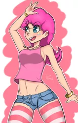 Size: 550x869 | Tagged: alternative cutie mark placement, artist:viewtifuljoex, belly button, breasts, busty pinkie pie, clothes, daisy dukes, derpibooru import, facial cutie mark, female, human, humanized, midriff, pinkie pie, solo, solo female, suggestive