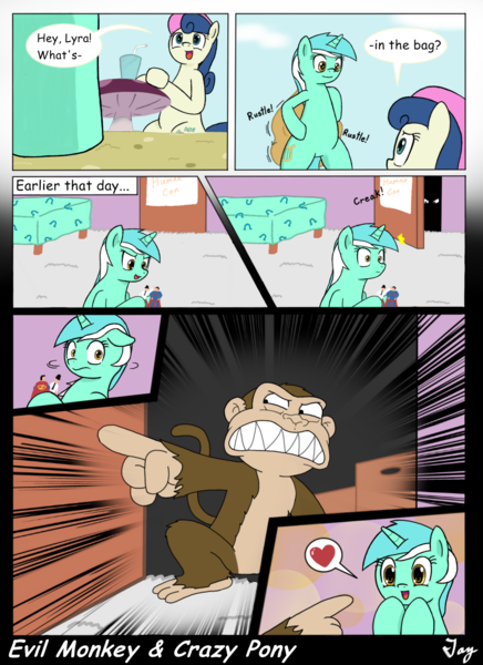 Size: 1200x1650 | Tagged: safe, artist:tikyotheenigma, derpibooru import, bon bon, lyra heartstrings, sweetie drops, earth pony, pony, unicorn, bag, bed, bedroom, closet, comic, comic sans, crossover, cute, evil monkey, eyes on the prize, family guy, female, floppy ears, frown, gritted teeth, heart, looking back, lyrabetes, mare, open mouth, pointing, sharp teeth, smiling, teeth, wide eyes